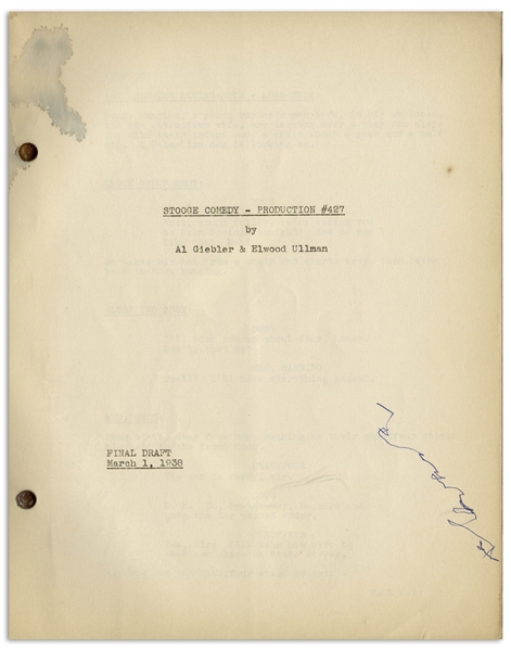 Moe Howard's 37pp. Script Dated March 1938 for The Three Stooges Film ''Mutts to You'' -- Signed by Moe on Cover in Blue Pencil -- Very Good Condition